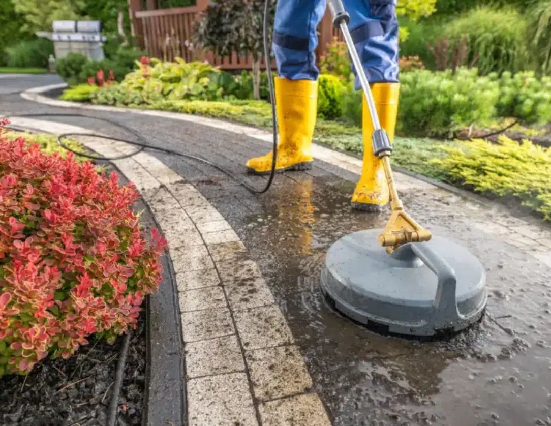 A professional using a pressure washer with a surface cleaner attachment to clean a driveway, showcasing Driveway Pressure Washing Services for a spotless, well-maintained exterior.