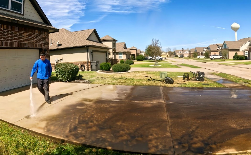 A worker power-washes a residential driveway, showcasing the effectiveness of professional Driveway Washing Services in restoring concrete surfaces.